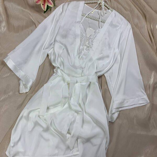 Bridal White butterfly silky satin lingerie with robe